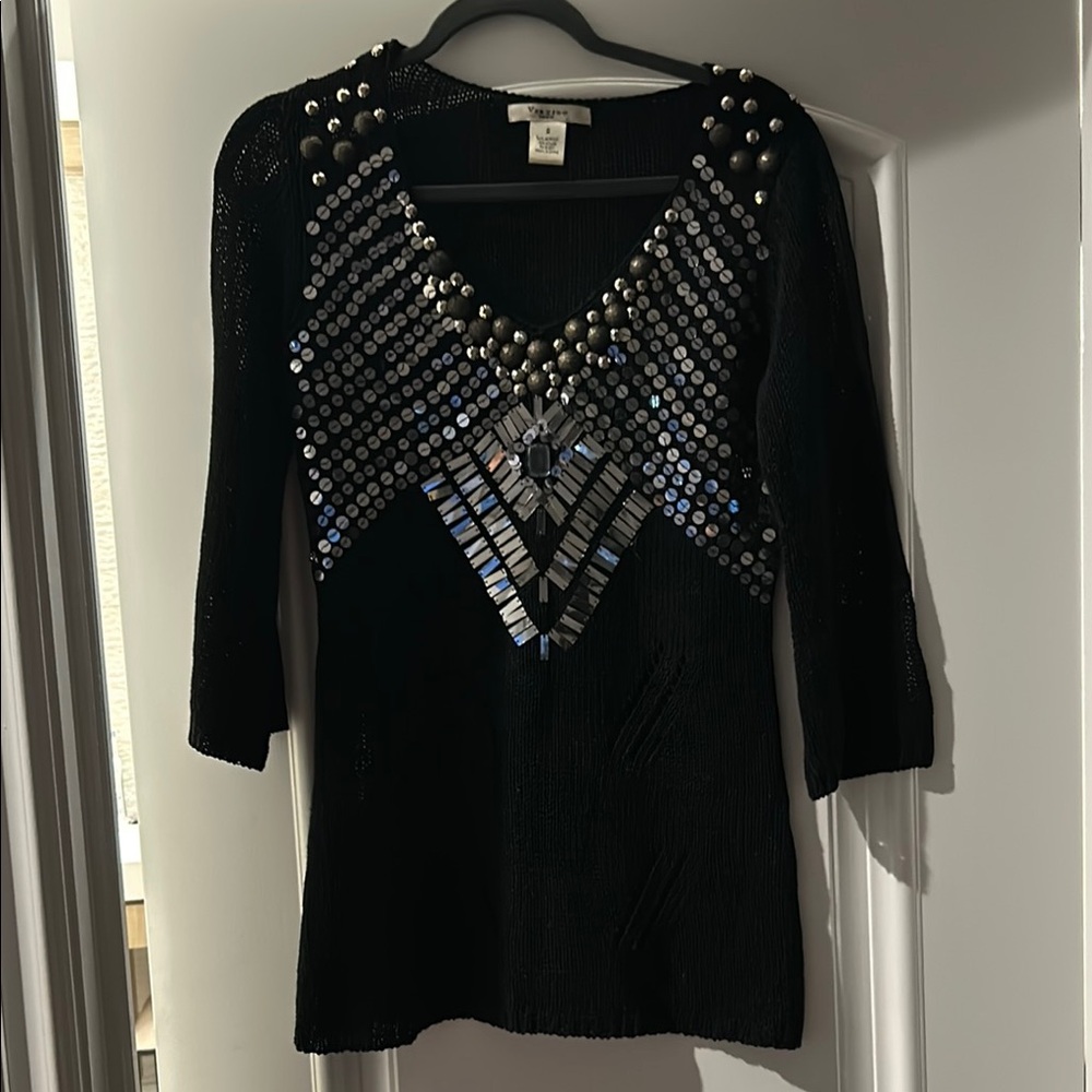Black V-neck Blouse with 3/4 Sleeves and Sequin Embellishments